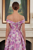 Fuchsia Flower Printed Off the Shoulder A Line Long Evening Dress