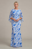 Blue Flower Sheath Printed Cape Sleeve Mother of the Bride Dress