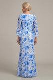 Blue Flower Sheath Printed Cape Sleeve Mother of the Bride Dress