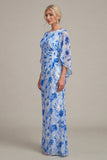 Blue Flower Sheath Printed Cape Sleeve Mother of the Bride Dress