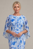 Blue Flower Sheath Printed Cape Sleeve Mother of the Bride Dress