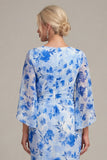 Blue Flower Sheath Printed Cape Sleeve Mother of the Bride Dress