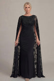 Black Sheath Long Mother of the Bride Dress with Cape