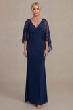 Black Sheath V Neck Long Mother of the Bride Dress with Cape Sleeves