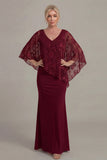 Grape Mermaid V Neck Chiffon Long Mother of the Bride Dress with Cape Sleeves
