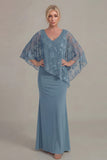 Grape Mermaid V Neck Chiffon Long Mother of the Bride Dress with Cape Sleeves