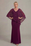 Grape Mermaid V Neck Chiffon Long Mother of the Bride Dress with Cape Sleeves