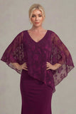Grape Mermaid V Neck Chiffon Long Mother of the Bride Dress with Cape Sleeves