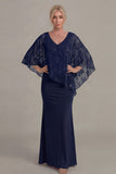 Grape Mermaid V Neck Chiffon Long Mother of the Bride Dress with Cape Sleeves