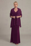 Grape Sheath V Neck Long Mother of the Bride Dress with Cape