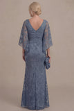 Dusty Blue V Neck Long Mother of the Bride Dress with Cape Sleeves