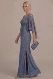 Dusty Blue V Neck Long Mother of the Bride Dress with Cape Sleeves