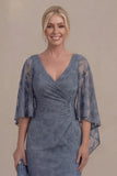 Dusty Blue V Neck Long Mother of the Bride Dress with Cape Sleeves
