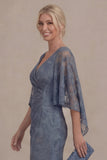 Dusty Blue V Neck Long Mother of the Bride Dress with Cape Sleeves