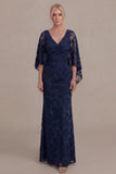 Dusty Blue V Neck Long Mother of the Bride Dress with Cape Sleeves