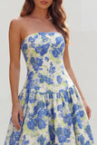 Blue White Flower Printed Strapless A Line Long Wedding Guest Dress