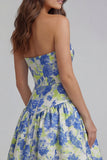 Blue White Flower Printed Strapless A Line Long Wedding Guest Dress