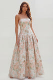 Blue White Flower Printed Strapless A Line Long Wedding Guest Dress