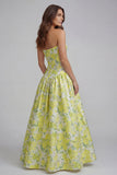 Blue White Flower Printed Strapless A Line Long Wedding Guest Dress