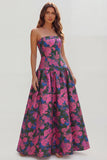Blue White Flower Printed Strapless A Line Long Wedding Guest Dress