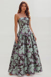 Blue White Flower Printed Strapless A Line Long Wedding Guest Dress