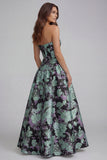 Blue White Flower Printed Strapless A Line Long Wedding Guest Dress