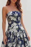 Blue White Flower Printed Strapless A Line Long Wedding Guest Dress