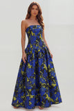 Blue White Flower Printed Strapless A Line Long Wedding Guest Dress