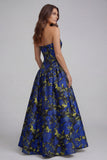 Blue White Flower Printed Strapless A Line Long Wedding Guest Dress