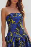 Blue White Flower Printed Strapless A Line Long Wedding Guest Dress
