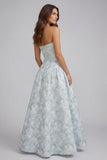 Blue White Flower Printed Strapless A Line Long Wedding Guest Dress