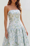 Blue White Flower Printed Strapless A Line Long Wedding Guest Dress