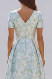 Blue White Floral A Line V Neck Wedding Guest Dress with Short Sleeves