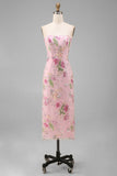 Pink Pencil Sequin Floral Strapless Midi Wedding Guest Dress