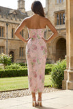 Pink Pencil Sequin Floral Strapless Midi Wedding Guest Dress