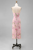 Pink Pencil Sequin Floral Strapless Midi Wedding Guest Dress