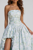 Strapless Blue White Floral Printed A Line Long Wedding Guest Dress with Slit