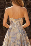 Dusty Blue Floral A Line Strapless Corset Long Prom Dress with Slit