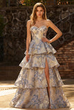 Sweetheart Pearl Dusty Blue Floral A Line Tiered Ruffle Long Prom Dress with Slit
