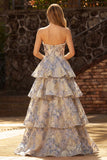 Sweetheart Pearl Dusty Blue Floral A Line Tiered Ruffle Long Prom Dress with Slit