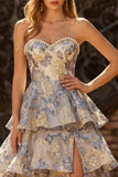 Sweetheart Pearl Dusty Blue Floral A Line Tiered Ruffle Long Prom Dress with Slit