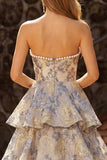 Sweetheart Pearl Dusty Blue Floral A Line Tiered Ruffle Long Prom Dress with Slit
