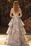 Off the Shoulder Dusty Blue Floral A Line Corset Long Prom Dress with Slit