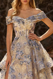 Off the Shoulder Dusty Blue Floral A Line Corset Long Prom Dress with Slit