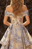 Off the Shoulder Dusty Blue Floral A Line Corset Long Prom Dress with Slit