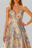Dusty Blue A Line Floral Spaghetti Straps Long Prom Dress with Slit