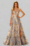 Dusty Blue A Line Floral Spaghetti Straps Long Prom Dress with Slit