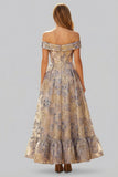 Off the Shoulder Dusty Blue Floral A Line Corset Prom Dress