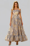 Off the Shoulder Dusty Blue Floral A Line Corset Prom Dress