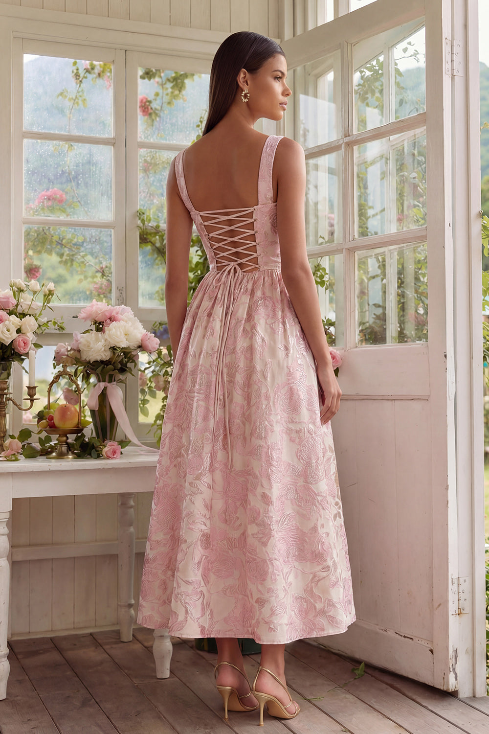 Wedtrend Women Blush Floral Midi Wedding Guest Dress Brocade A Line Square Neck Garden Party Dress with Lace-up Back, Blush / US16